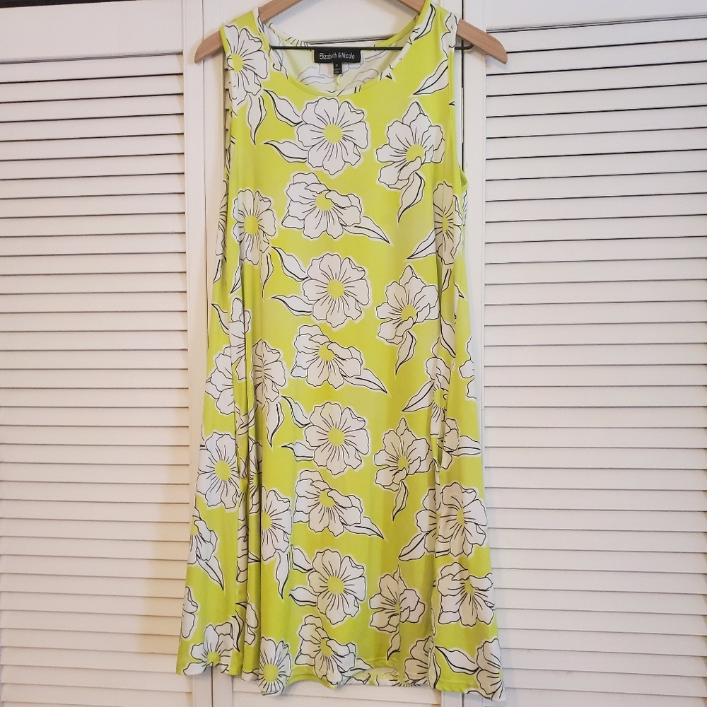Elizabeth And Nicole Floral Sleeveless Chartreuse Dress with Pockets, Medium